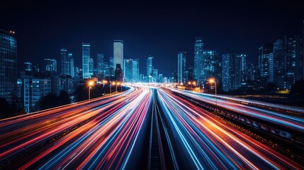 Fototapeta premium Smart city with speed line glowing light trail surround the city. big data connection technology concept