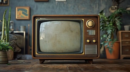 a vintage old TV with a bulky design wooden cabinet and analog controls isolated on a dark background