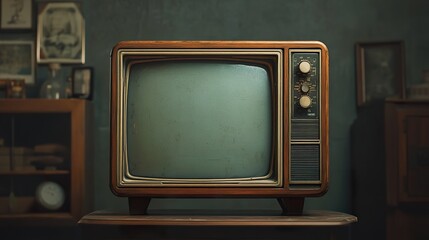 a vintage old TV with a wooden frame large dials and an analog screen showcasing its classic design and retro style isolated on a dark background