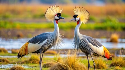 Fototapeta premium Two majestic Grey Crowned Cranes displaying their elegant plumage in Amboseli National Park