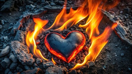 Vivid heart-shaped flame surrounded by dark ashes, embodying passion and renewal, fire, heart, flame, ashes, contrast, warmth