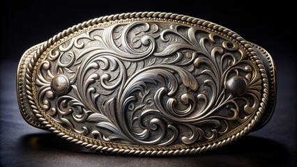 Close up of a shiny metal cowboy belt buckle on black background, cowboy, western, fashion, buckle, accessory, close up