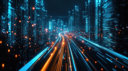 Fototapeta premium Smart city with speed line glowing light trail surround the city. big data connection technology concept