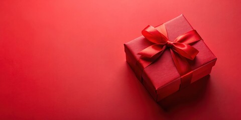 Red gift box with ribbon and bow on a red background in a minimalist style, red, gift box,ribbon, bow, minimalist, style