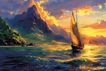 Polynesian Navigators Discovering New Island at Sunset

