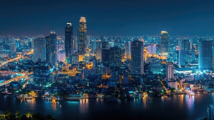 Smart network and Connection technology concept with Bangkok city background at night in Thailand, Panorama view