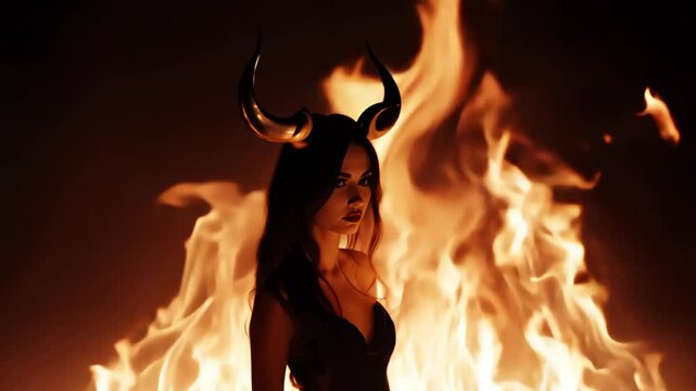 woman with dark makeup and black horns, creating a mysterious and otherworldly appearance