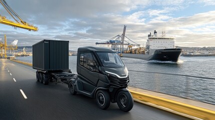 A cargo tricycle, equipped with an engine and trailer, transports stacked materials along a village road surrounded by lush mountains on a sunny day