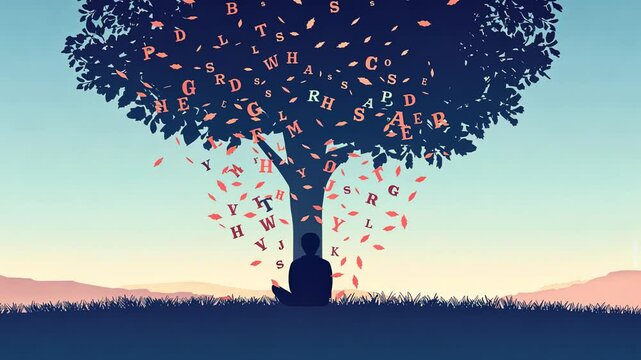 Person sits under a tree with falling letters
