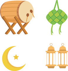 Ramadhan Bedug Cartoon, Belah Ketupat Cartoon, Crescent Moon and Stars Cartoon, Traditional Latern © Trenaldi