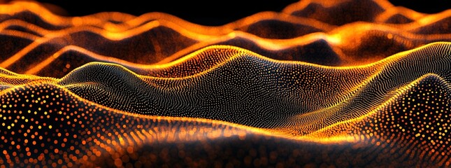  A close-up of digital waves and dots, forming the shape of undulating hills on a black background. 