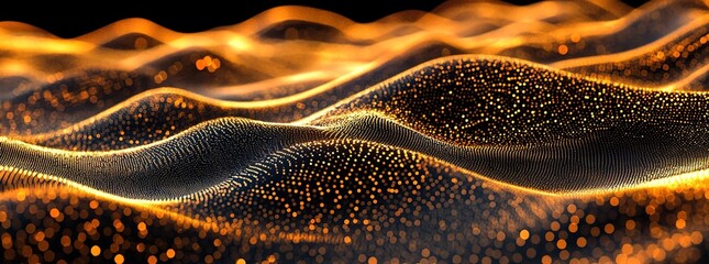  A close-up of digital waves and dots, forming the shape of undulating hills on a black background. 