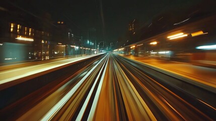 Naklejka premium View from first railway carriage. Speed motion blur metro abstract background at night