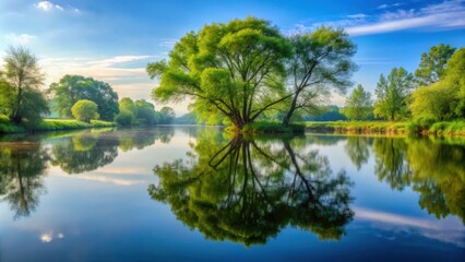 Fototapeta premium Peaceful river with realistic tree reflections, Peaceful, serenity, meandering, river, reflections, overhanging, trees, nature
