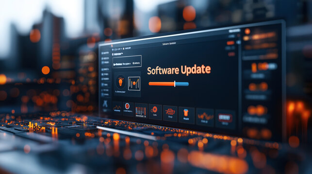A close-up of a computer screen displaying a software update interface with various settings and progress indicators in a futuristic environment with blurred lights.