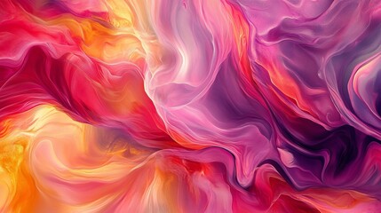 Fototapeta premium Colorful artwork swirls together like fluid, with shades of pink, red, and yellow creating an abstract background.