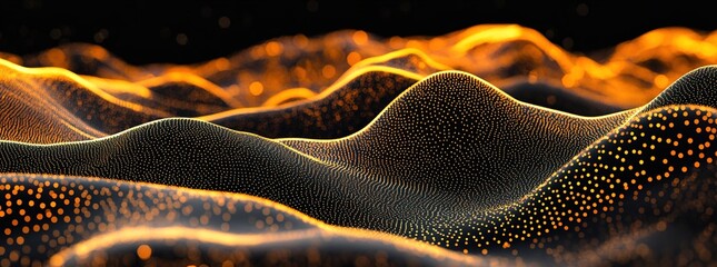  A close-up of digital waves and dots, forming the shape of undulating hills on a black background. 