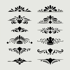 Collection of Black Minimal Ornate Design Elements with Crown Accents..
