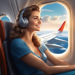 Woman enjoying scenic flight over clouds and mountains