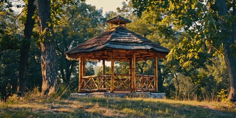 Wooden gazebo with thatched roof perched on a hill in the park