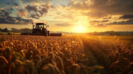 Tractor Harvesting Wheat Field at Sunset
