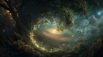 Obraz premium Enchanted Forest Under a Starry Sky â€“ Mystical Night Landscape Illustration