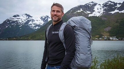 Fototapeta premium Standing with his back to the view, a man admires the majestic snowy mountains and serene lake in Norway, ready for his outdoor journey
