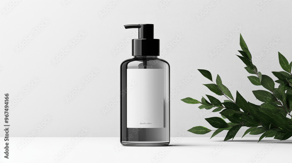 Poster Minimalistic composition featuring a black pump bottle with a blank label for customization, placed next to green leaves on a white surface and a light grey background.