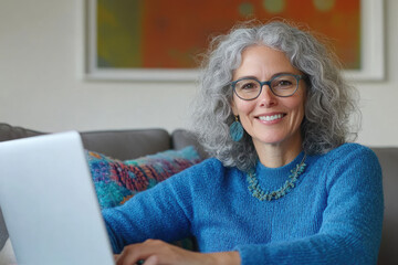 happy middle aged woman sitting on the sofa at home using laptop computer, enjoying online work or looking for information in internet . ,generative ai