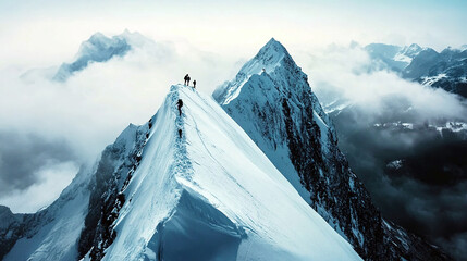 Aerial view of mountain climbers on mountain