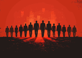 Business Leadership Strategy Meeting Concept with Rising Arrow Behind Leading Figure and Team Against Red Background, Signifying Success and Growth, Minimalistic Vector Illustration