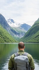 Fototapeta premium Standing with his back to the view, a man admires the majestic snowy mountains and serene lake in Norway, ready for his outdoor journey