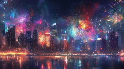 Colorful Fireworks Display Over a City Skyline at Night