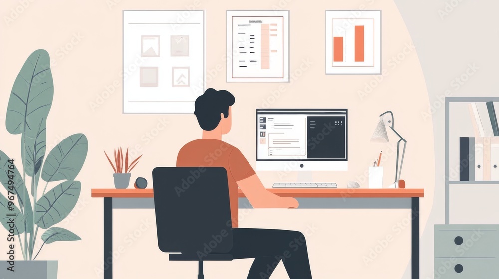Poster a man sitting at a desk with a neatly organized workspace, including a plant and minimalistic decor,