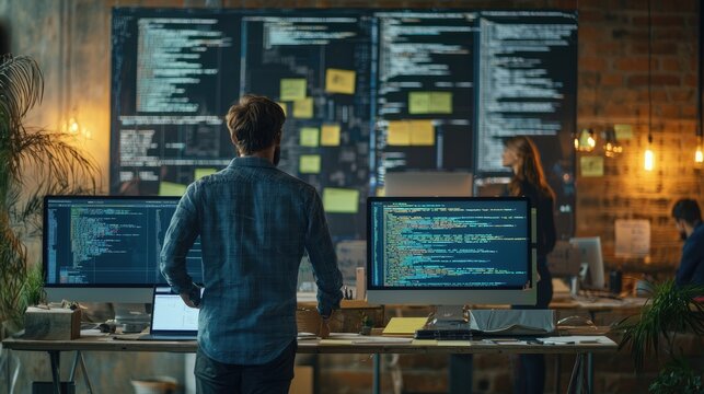 Software developer writing code working with colleagues in office at night