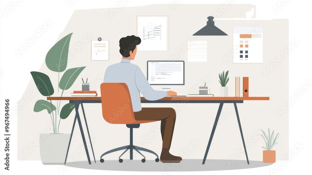 Aufkleber a man sitting at a desk with a neatly organized workspace, including a plant and minimalistic decor,