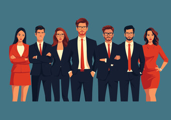 Successful Professional Team of Five in Formal Business Attire, Minimalistic Vector Illustration Depicting Teamwork and Corporate Unity, Business Concept for Leadership, Collaboration, and Success
