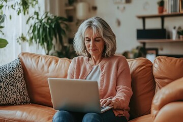 Photo of middle aged woman sitting on the sofa in her living room, working with laptop computer at home,generative ai