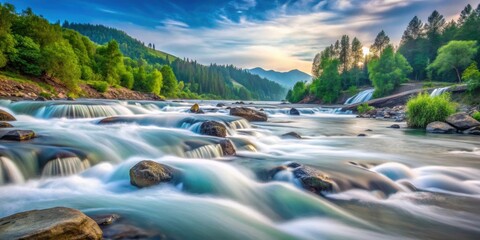 Fascinating panoramic long exposure shot capturing the mesmerizing water flow of Kapsha River , nature, landscape