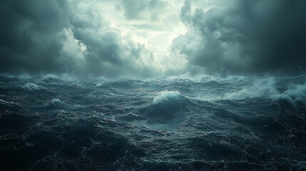 A cinematic view of stormy, dark clouds rolling over the ocean, with a faint light breaking through the horizon. Smooth details and noise reduction create a dramatic seascape.