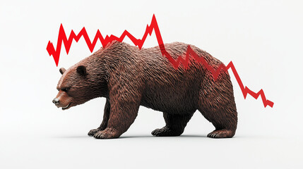bear with red declining market graph on its body - symbolizing bear market - illustration for bitcoin crypto gold stock market chart