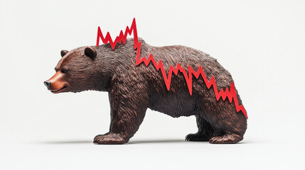 bear with red declining market graph on its body - symbolizing bear market - illustration for bitcoin crypto gold stock market chart