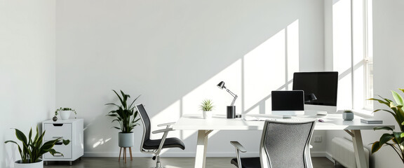 Minimalist Home Office with Desk and Two Monitors