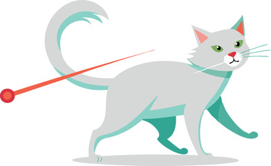 A white cat is walking with a red ball in its mouth. The cat is looking at the camera with a look of determination