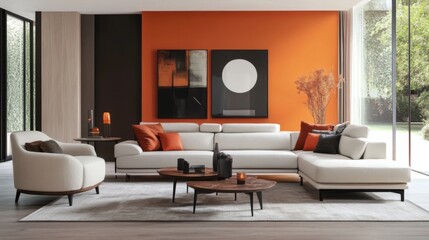 A modern living room with a stylish sofa set against a bright, airy backdrop, showcasing a comfortable and inviting seating area