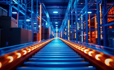 3D Rendering of Blue Digital Data Stream Glowing on Conveyor Belt in Modern Warehouse, Boxes and Machinery in Background, Smart Factory Concept