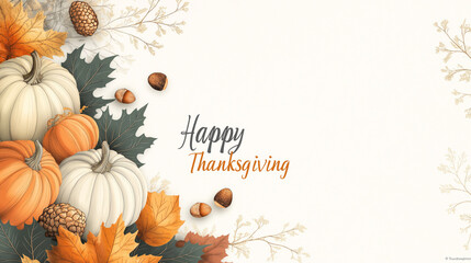 Elegant corporate Thanksgiving card featuring pumpkins and autumn leaves with space for a personalized message in warm colors