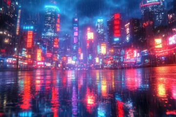 Fototapeta premium neon cityscape at night skyscrapers silhouetted against vibrant blue electric sky futuristic urban landscape with glowing signs and reflections in rainslicked streets