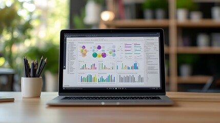 Laptop screen showing a submitted research article with detailed data visualizations charts and analytics ready for the peer review process of a scientific publication or academic study
