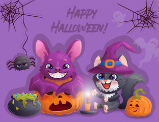 Happy Halloween card with amusing cartoon black cat in witch's hat, bat, spider and cute smiling pumpkin. Vector illustration.